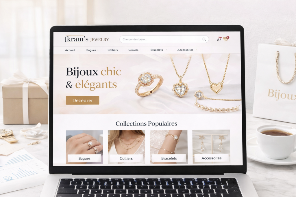 E-commerce moderne pour vente de bijoux en ligne sur le site Ikram’s Jewelry, affichant bagues, colliers et boucles d’oreilles avec interface utilisateur élégante et professionnelle