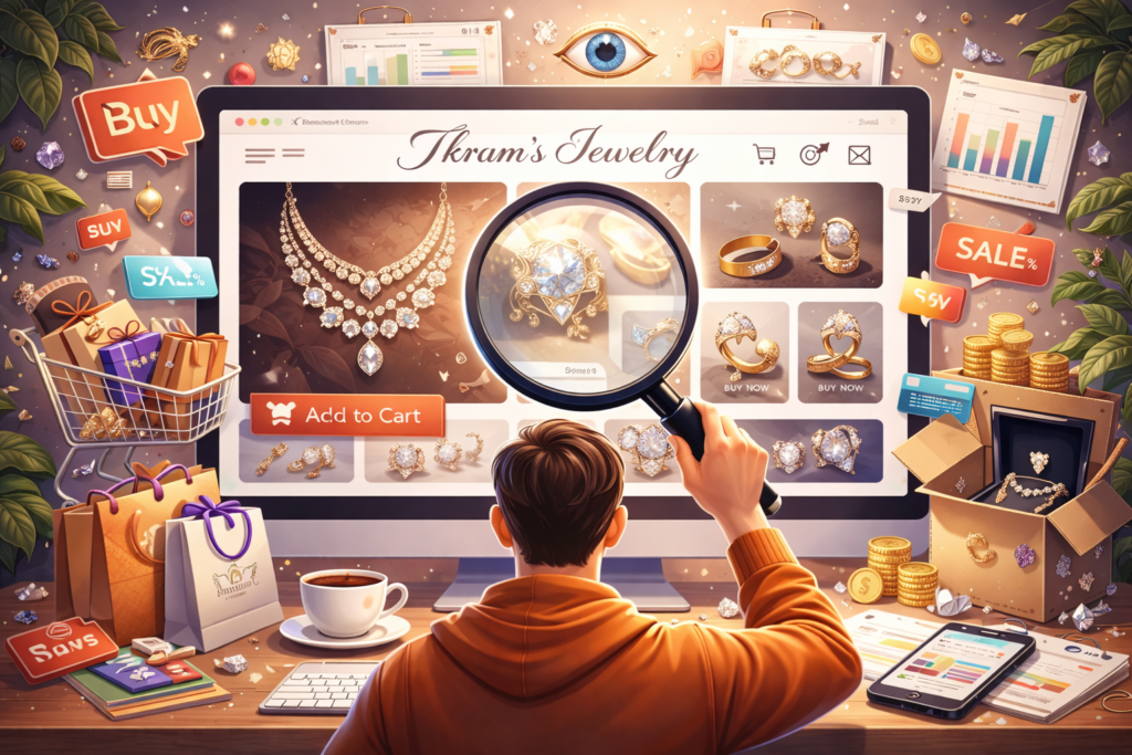 Illustration créative d’un utilisateur examinant le site e-commerce Ikram's Jewelry sur un ordinateur, avec des bijoux tels que des bagues, colliers et boucles d’oreilles, entouré de paniers d’achat, graphiques, cartes et boîtes cadeaux, illustrant l’analyse et l’observation pour la boutique en ligne."